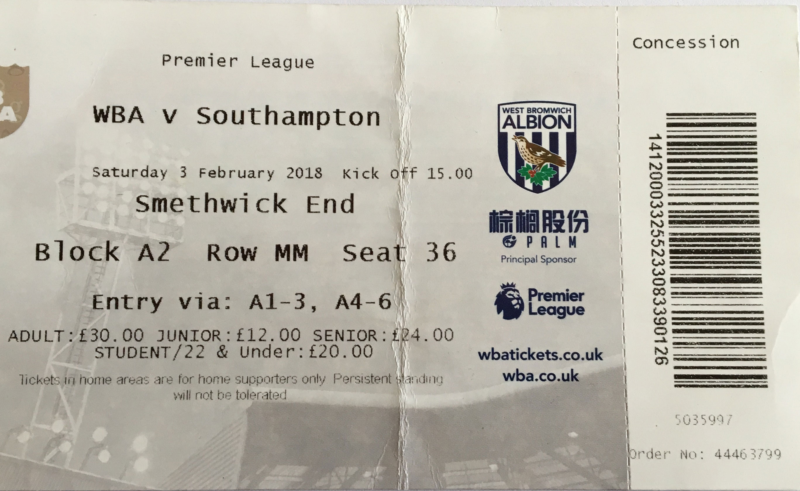 West Bromwich Albion away ticket in the Premier League on the 2/3/2018 at the The Hawthorns