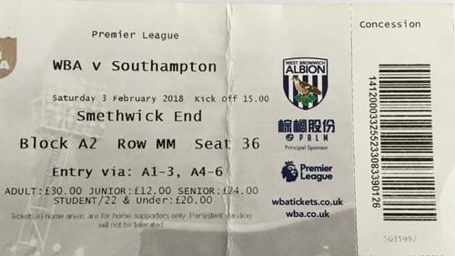 West Bromwich Albion away ticket in the Premier League on the 2/3/2018 at the The Hawthorns