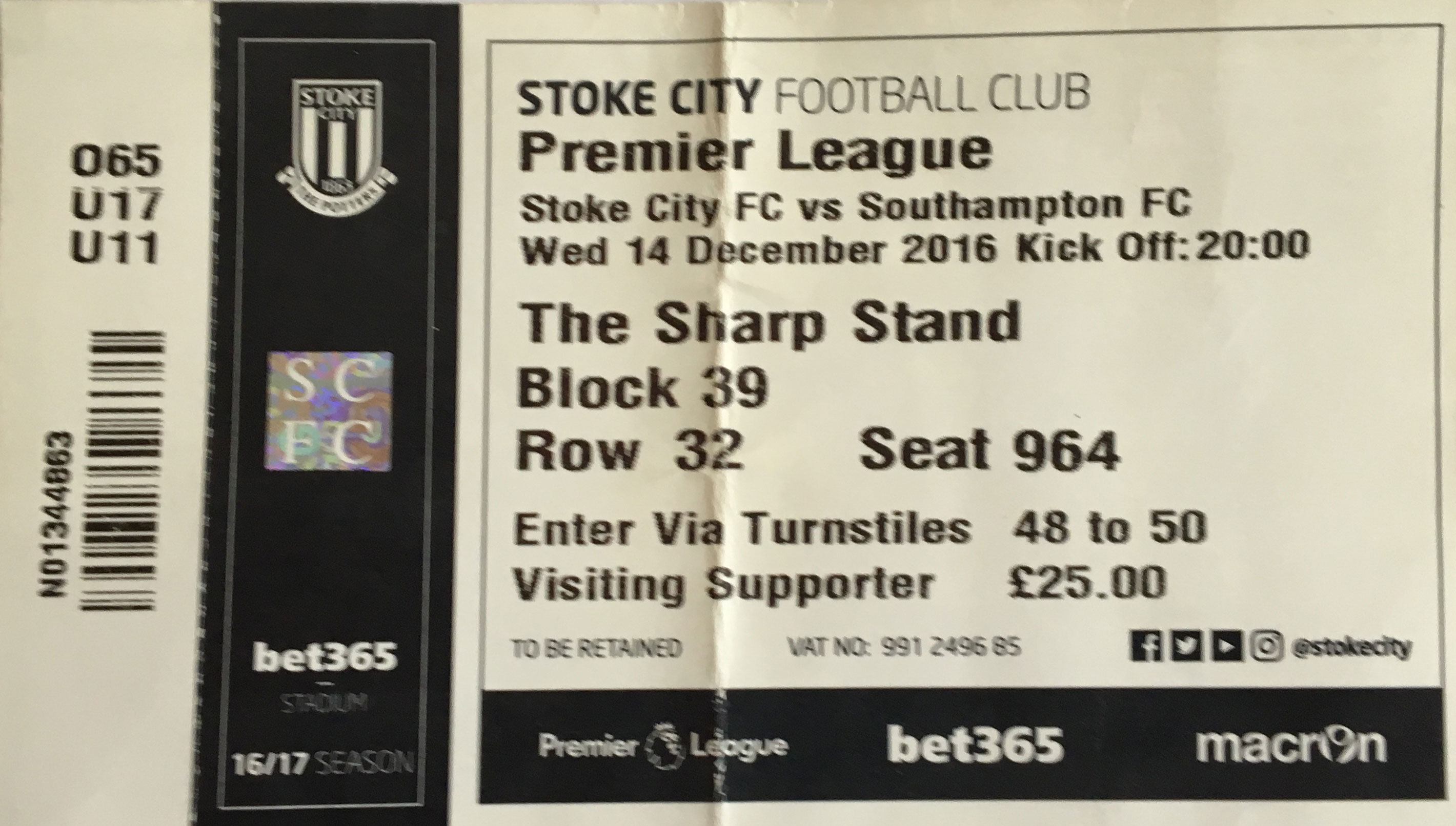 Stoke City away ticket in the Premier League on the 12/14/2016 at the bet365 Stadium