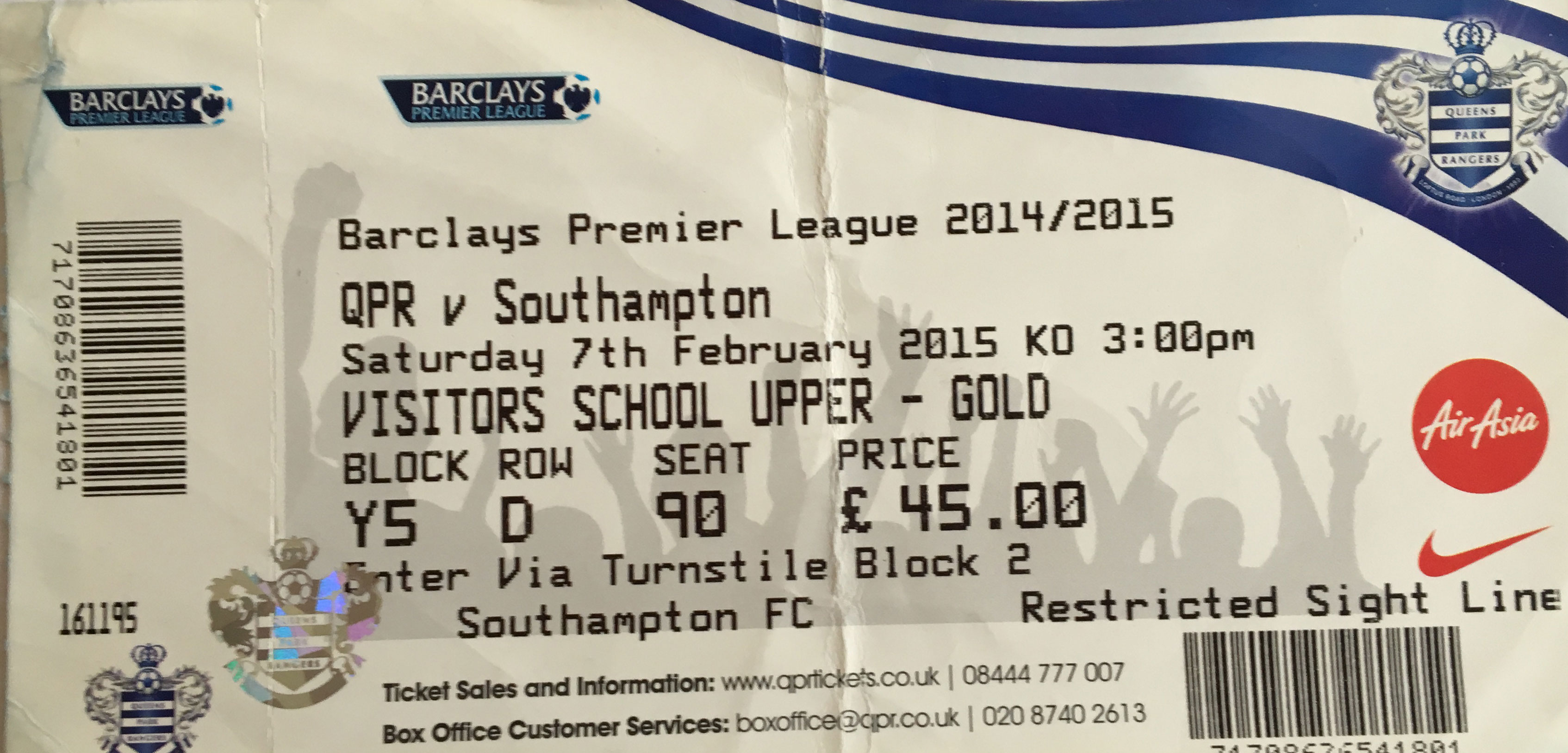 Queens Park Rangers away ticket in the Premier League on the 2/7/2015 at the Loftus Road