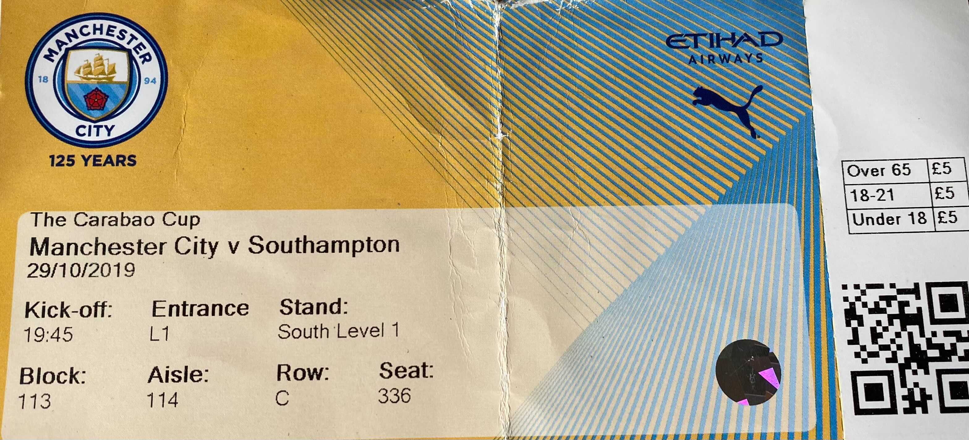 Manchester City away ticket in the The Carabao Cup on the 10/29/2019 at the The Etihad