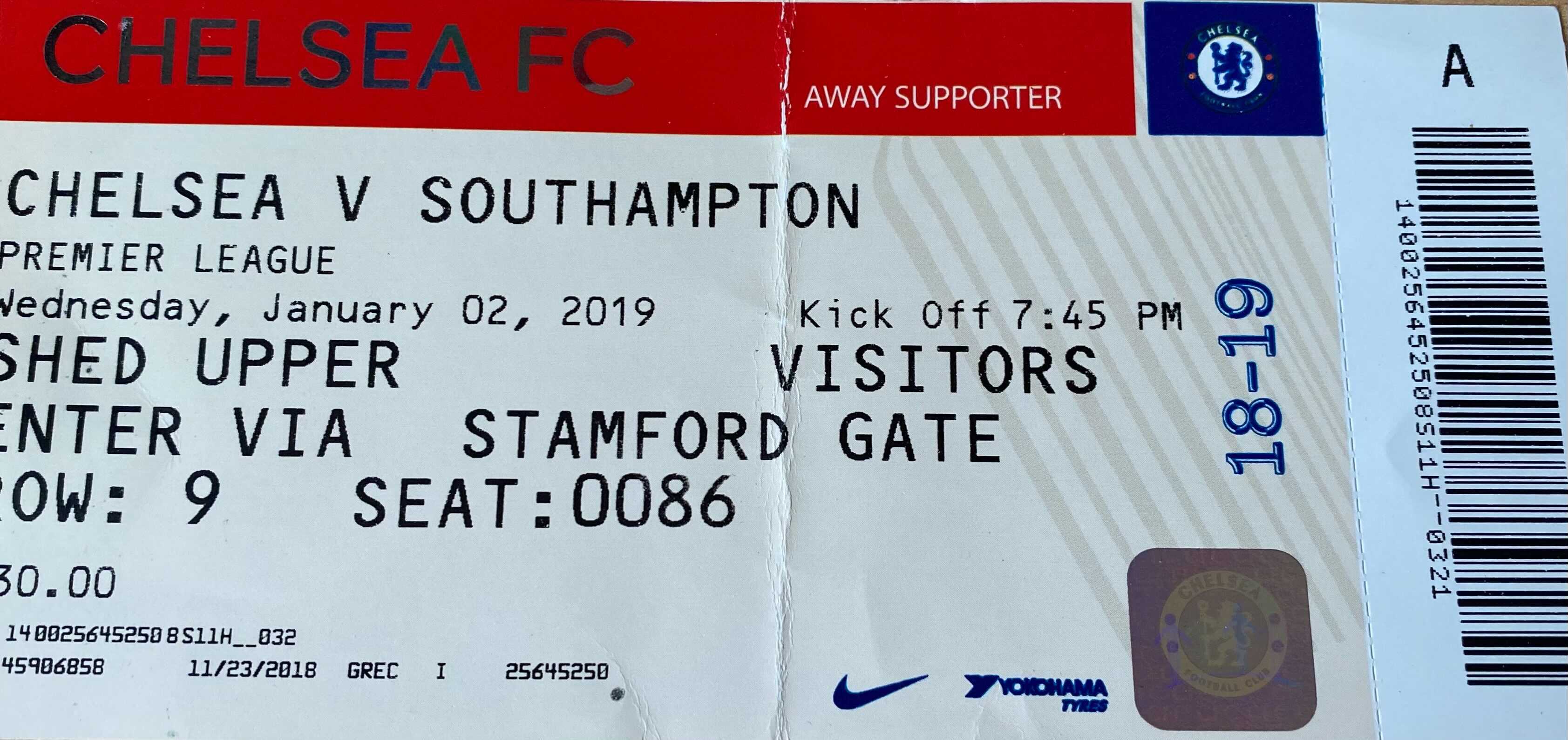 Chelsea away ticket in the Premier League on the 1/2/2019 at the Stamford Bridge