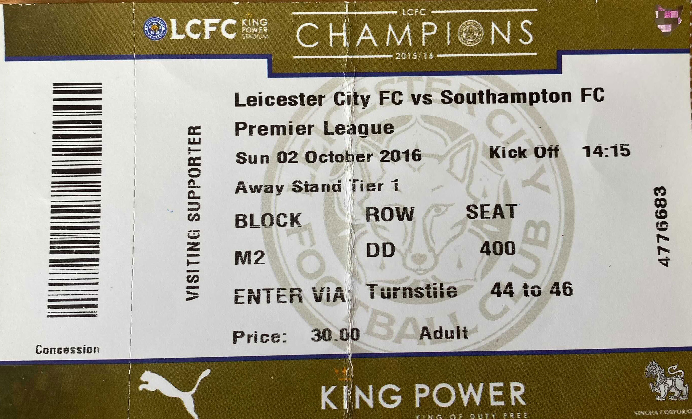 Leicester City away ticket in the Premier League on the 10/2/2016 at the King Power Stadium