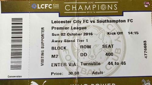 Leicester City away ticket in the Premier League on the 10/2/2016 at the King Power Stadium