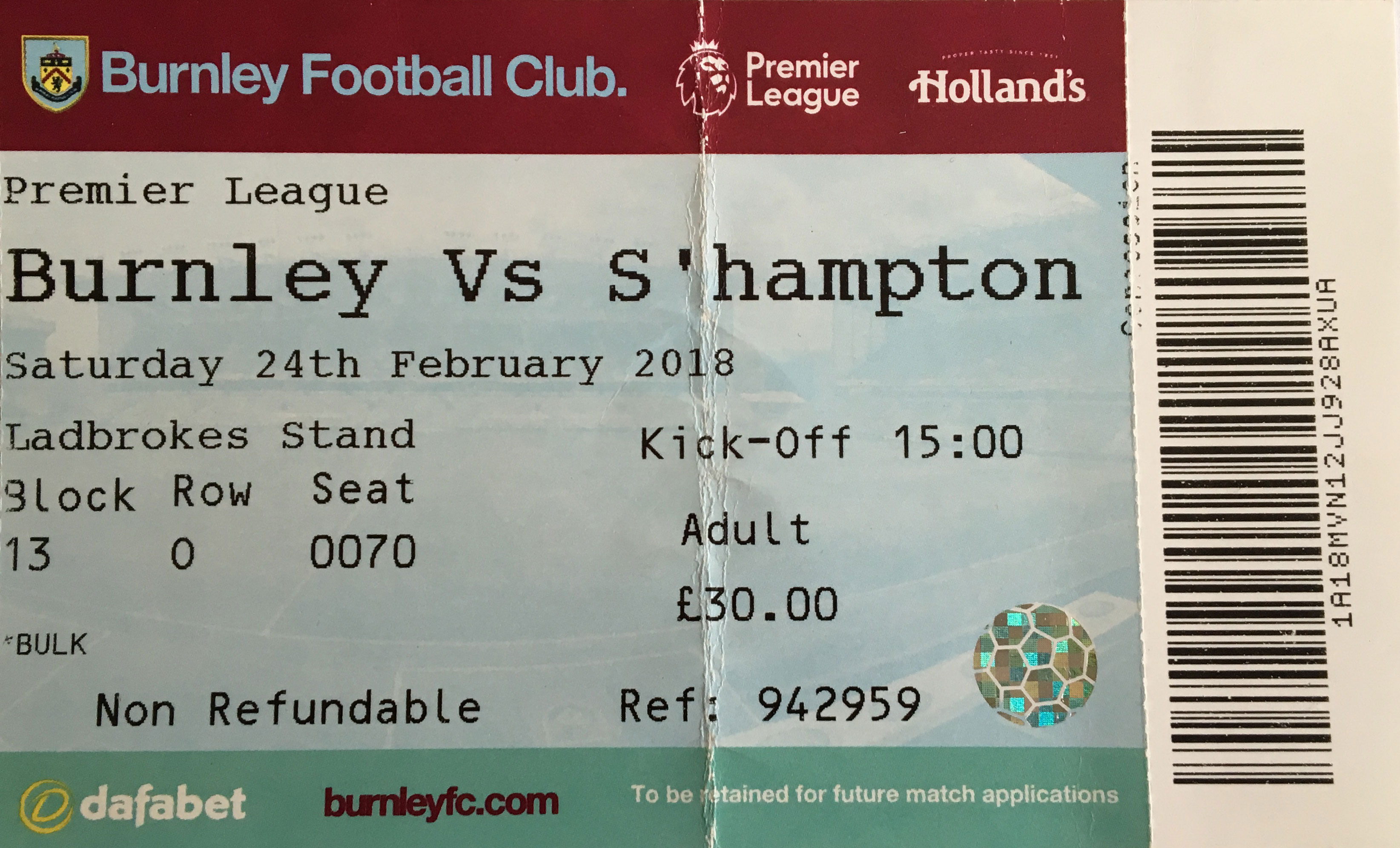 Burnley away ticket in the Premier League on the 2/24/2018 at the Turf Moor