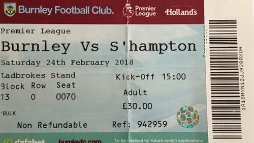 Burnley away ticket in the Premier League on the 2/24/2018 at the Turf Moor