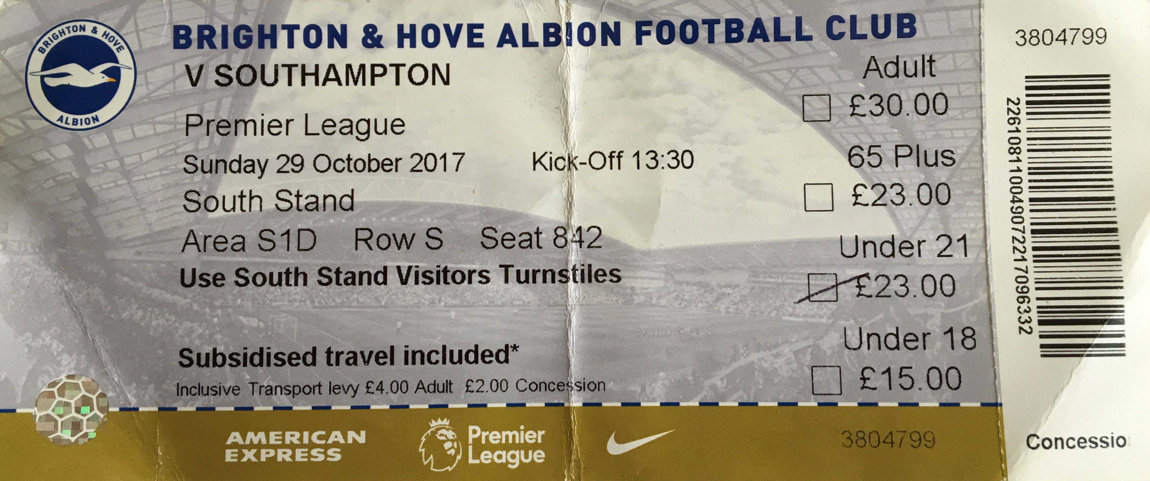 Brighton & Hove Albion away ticket in the Premier League on the 10/29/2017 at the The Amex