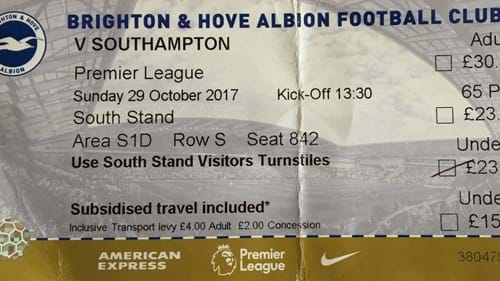 Brighton & Hove Albion away ticket in the Premier League on the 10/29/2017 at the The Amex
