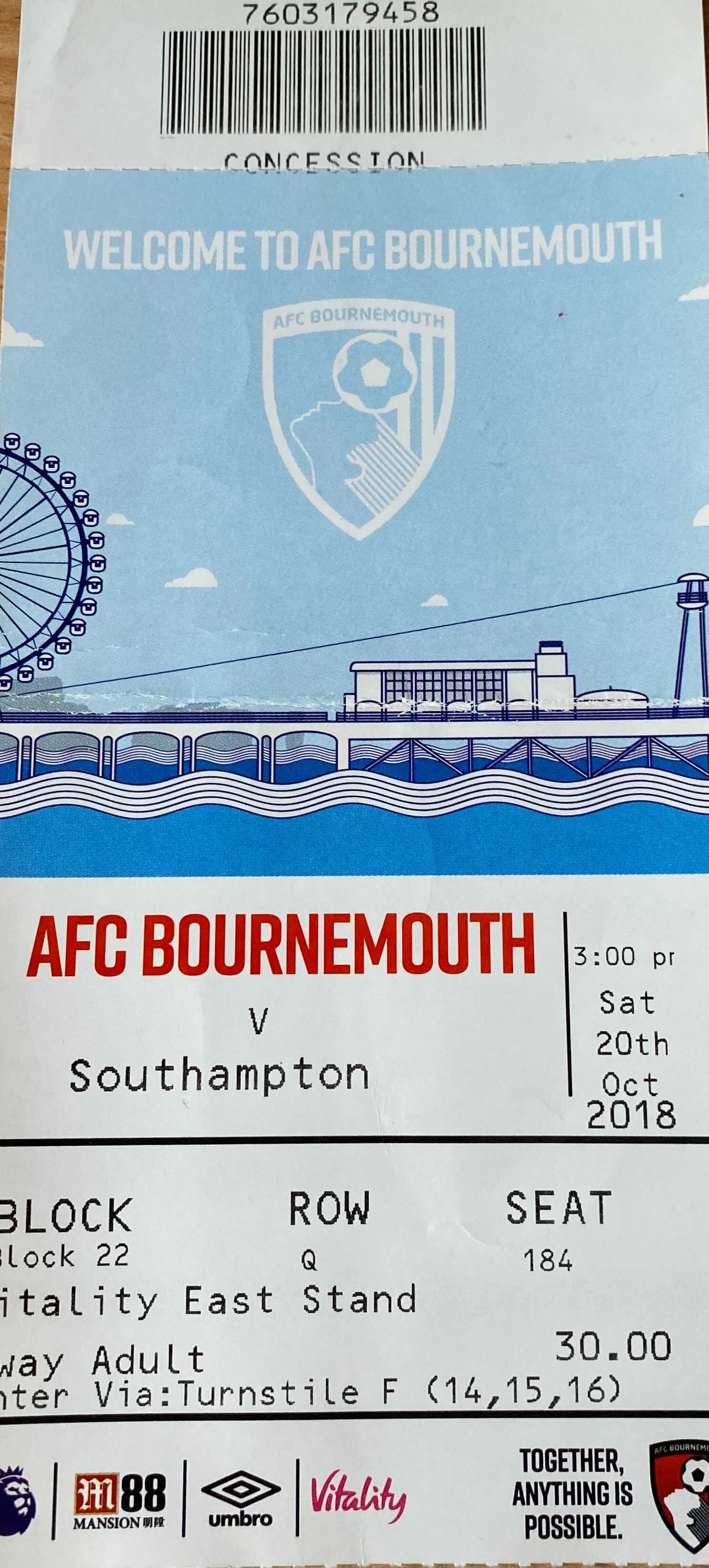 AFC Bournemouth away ticket in the Premier League on the 10/20/2018 at the Vitality Stadium