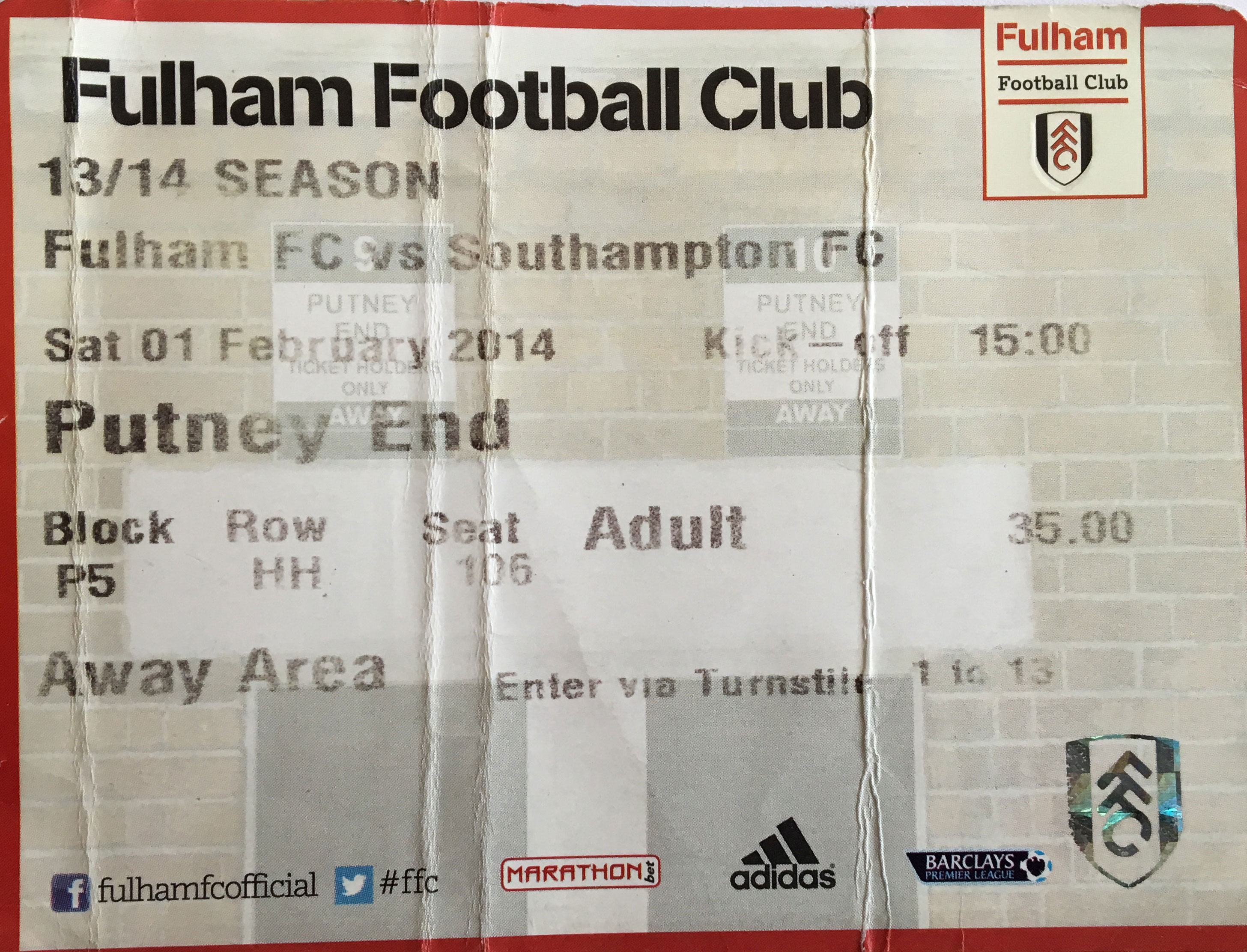 Fulham away ticket in the Premier League on the 2/1/2014 at the Craven Cottage