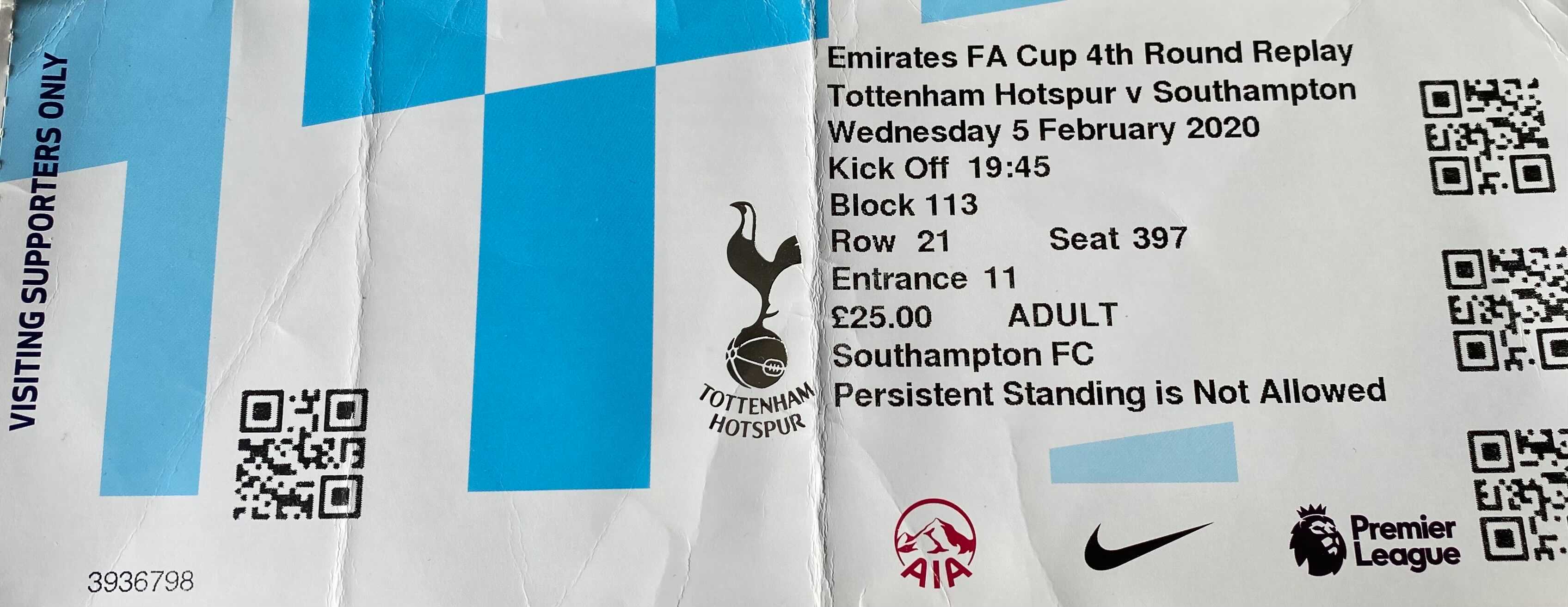 Tottenham Hotspur away ticket in the Premier League on the 2/5/2020 at the Tottenham Hotspur Stadium