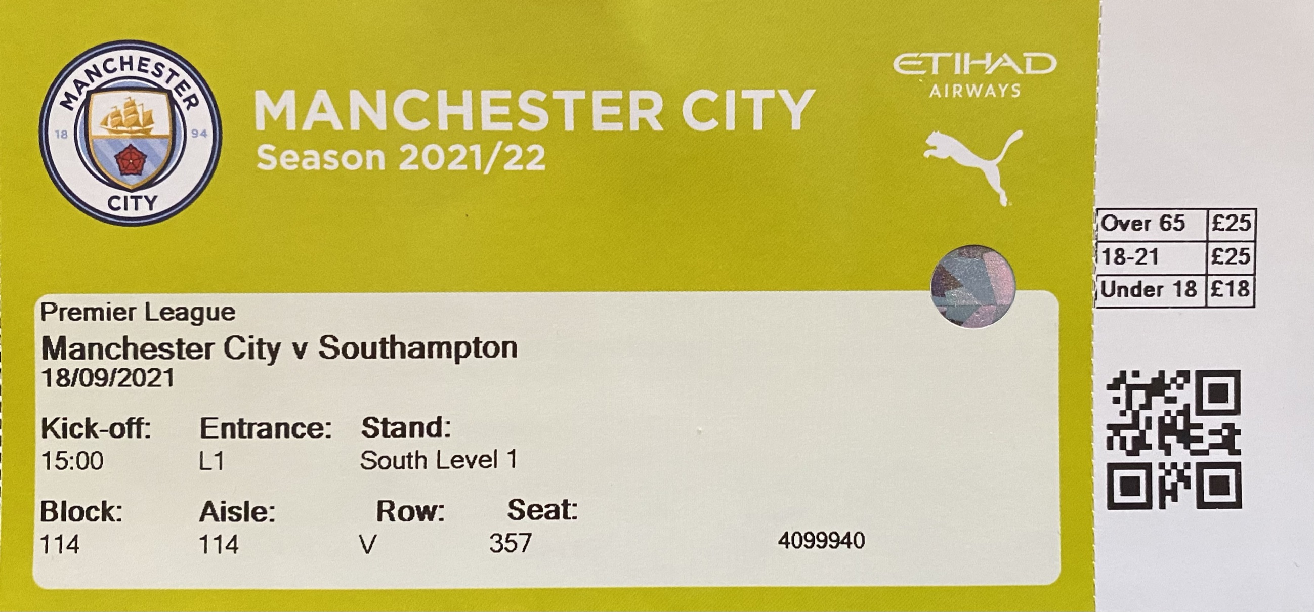 Manchester City away ticket in the Premier League on the 9/18/2021 at the The Etihad