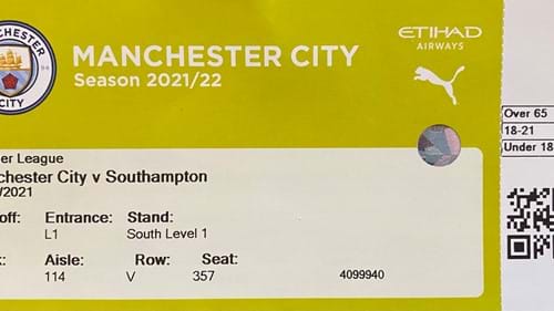Manchester City away ticket in the Premier League on the 9/18/2021 at the The Etihad