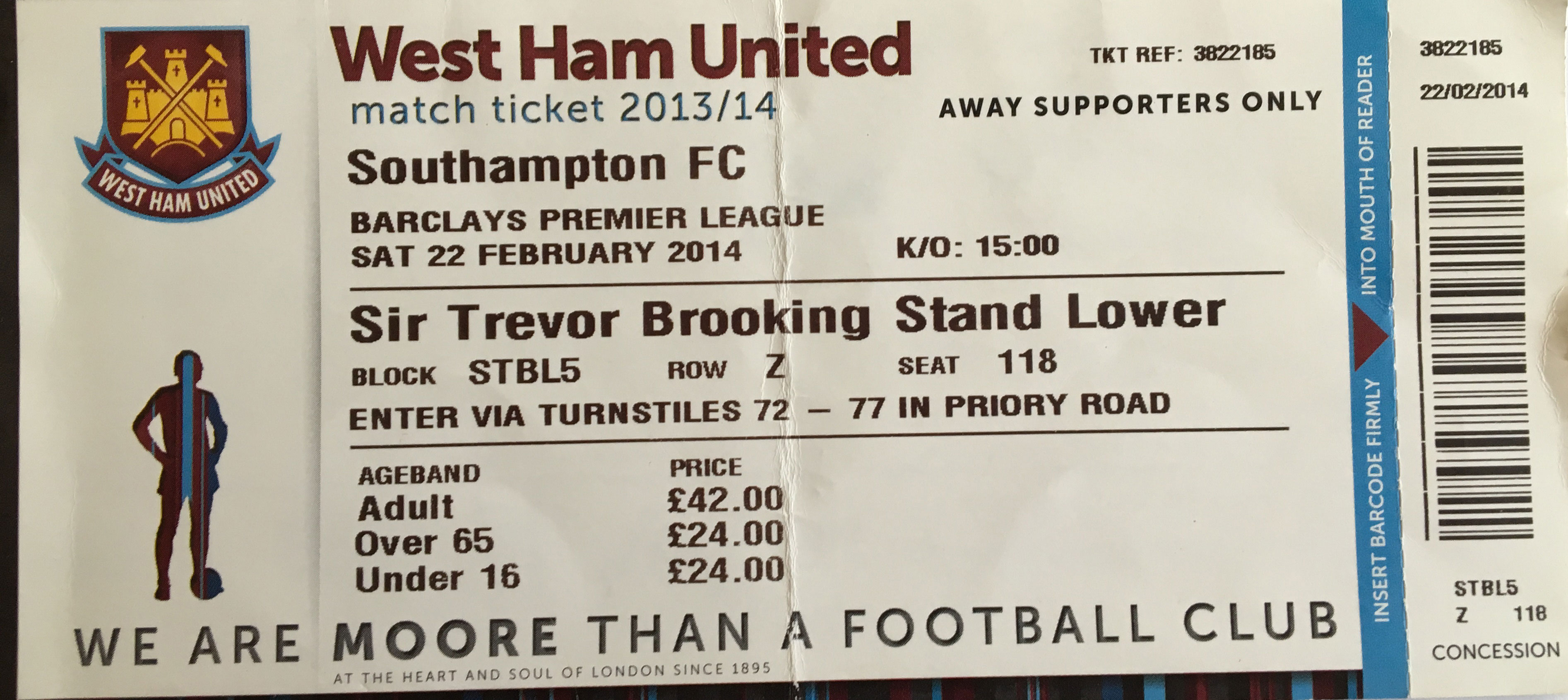 West Ham United away ticket in the Premier League on the 2/22/2014 at the Boleyn Ground