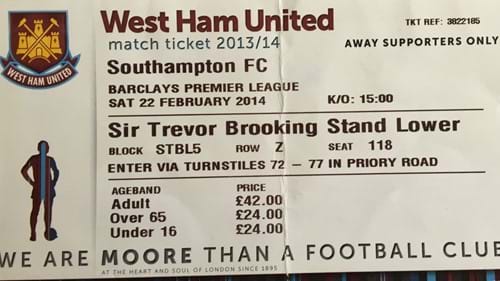 West Ham United away ticket in the Premier League on the 2/22/2014 at the Boleyn Ground