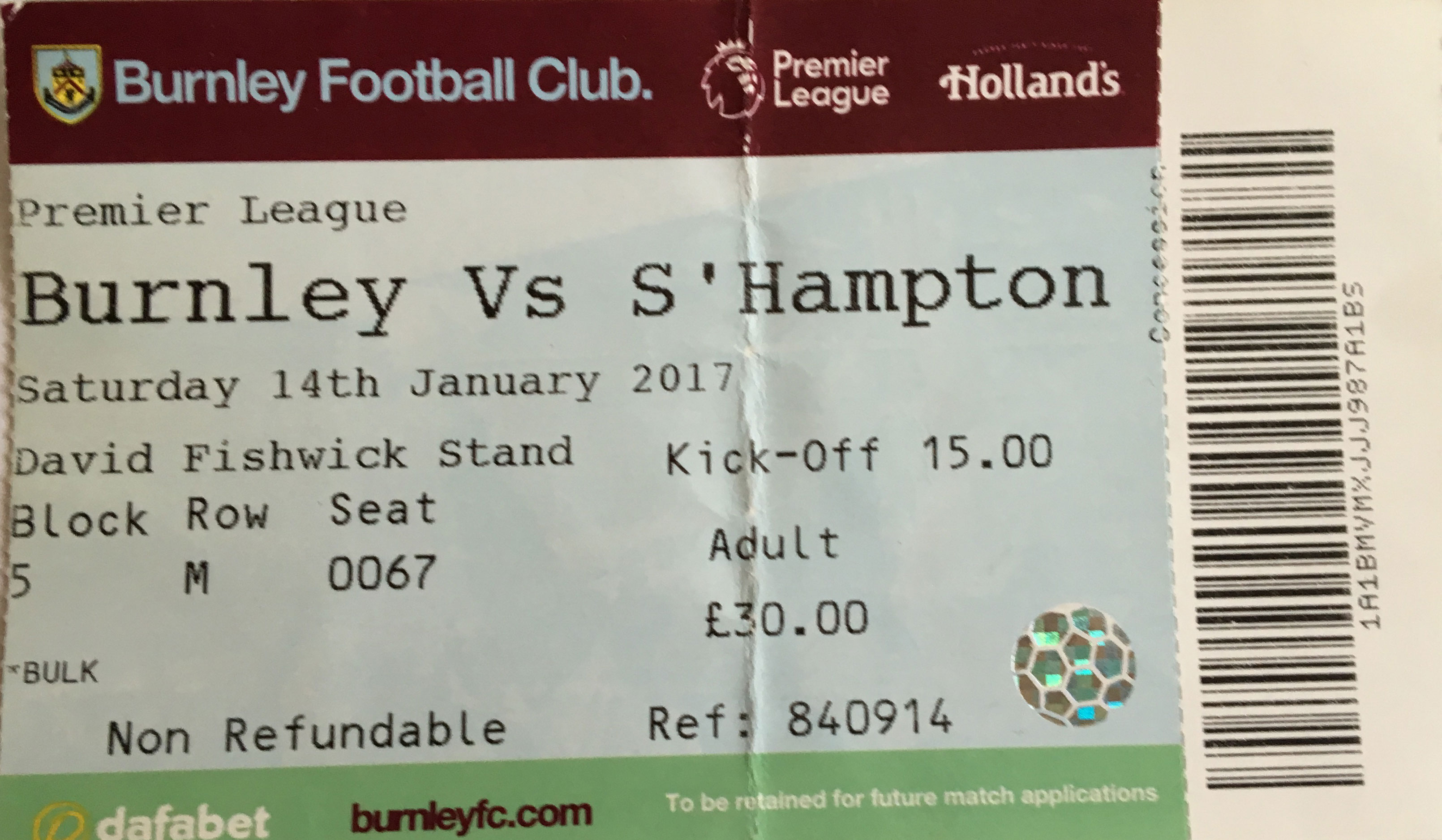 Burnley away ticket in the Premier League on the 1/14/2017 at the Turf Moor