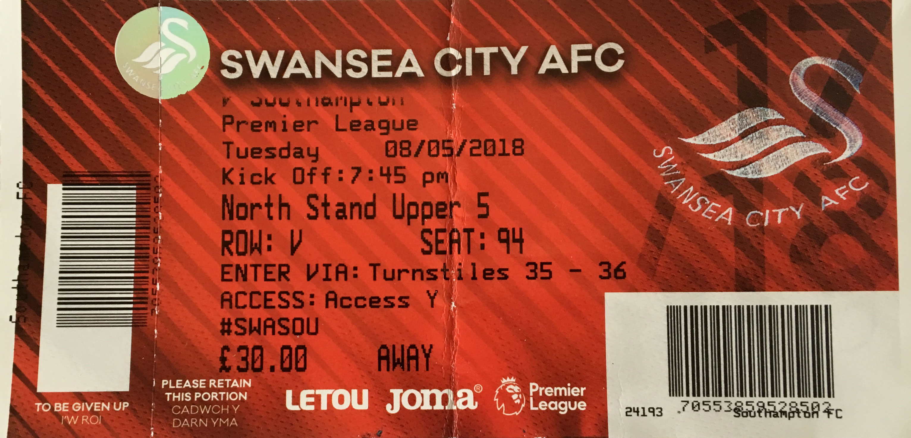 Swansea City away ticket in the Premier League on the 5/8/2018 at the Liberty Stadium