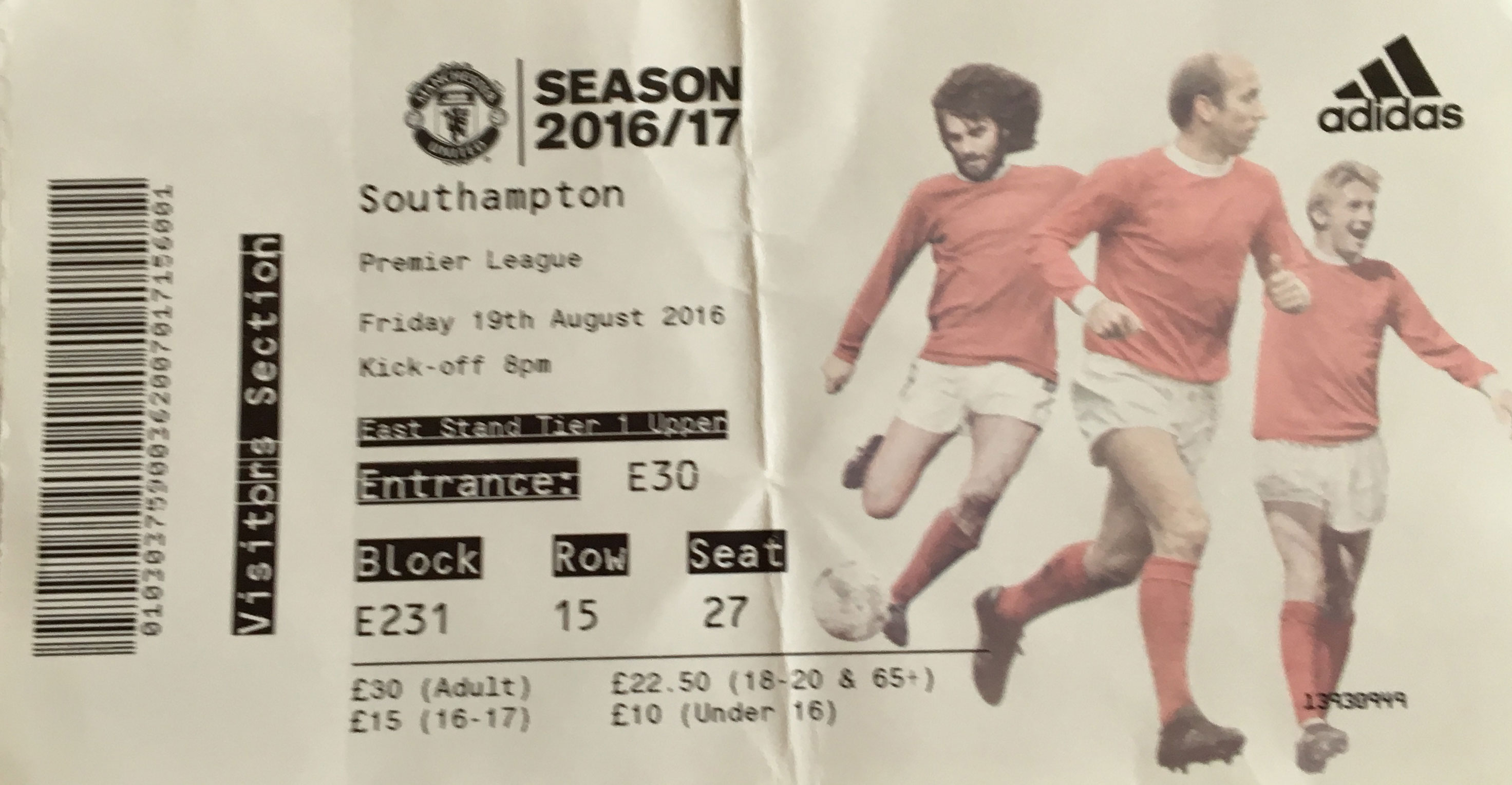 Manchester United away ticket in the Premier League on the 8/19/2016 at the Old Trafford