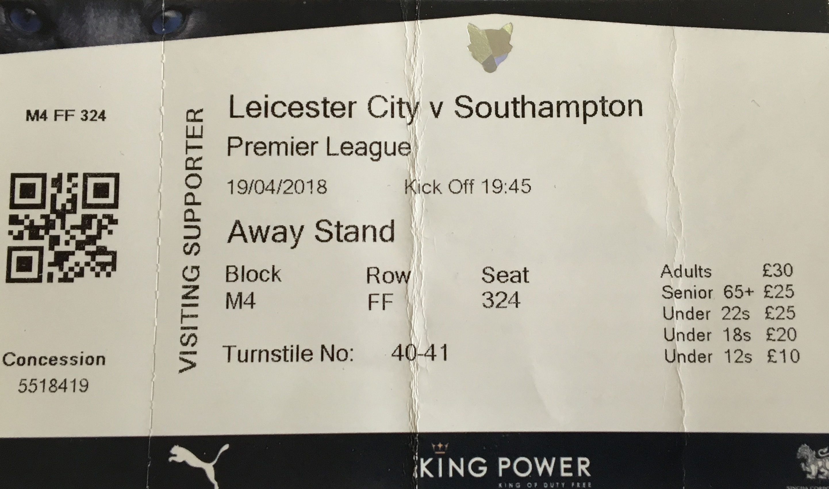 Leicester City away ticket in the Premier League on the 4/19/2018 at the King Power Stadium