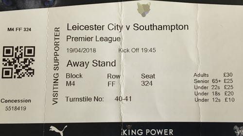 Leicester City away ticket in the Premier League on the 4/19/2018 at the King Power Stadium