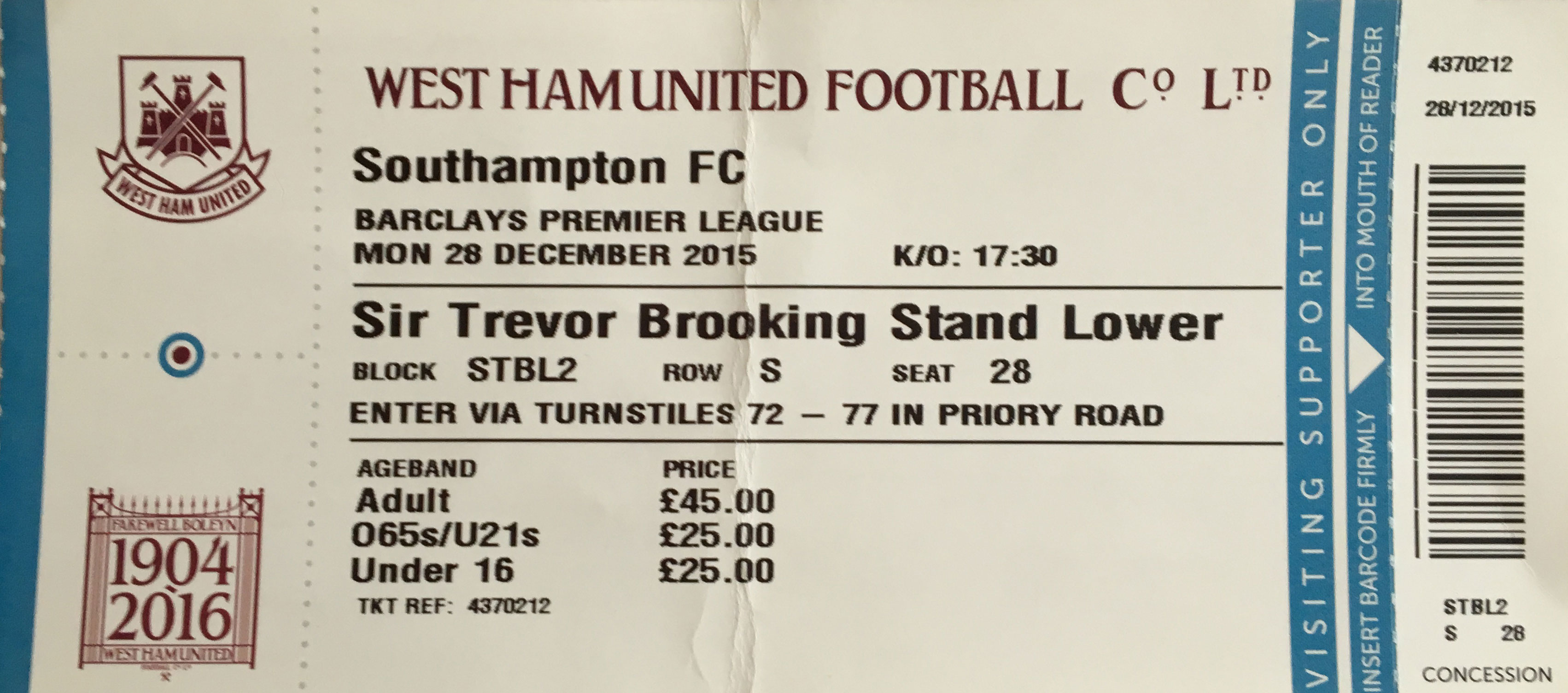 West Ham United away ticket in the Premier League on the 12/28/2015 at the Boleyn Ground