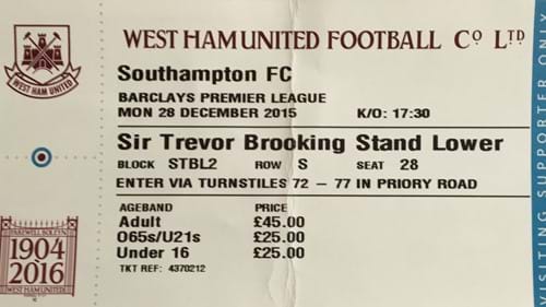 West Ham United away ticket in the Premier League on the 12/28/2015 at the Boleyn Ground