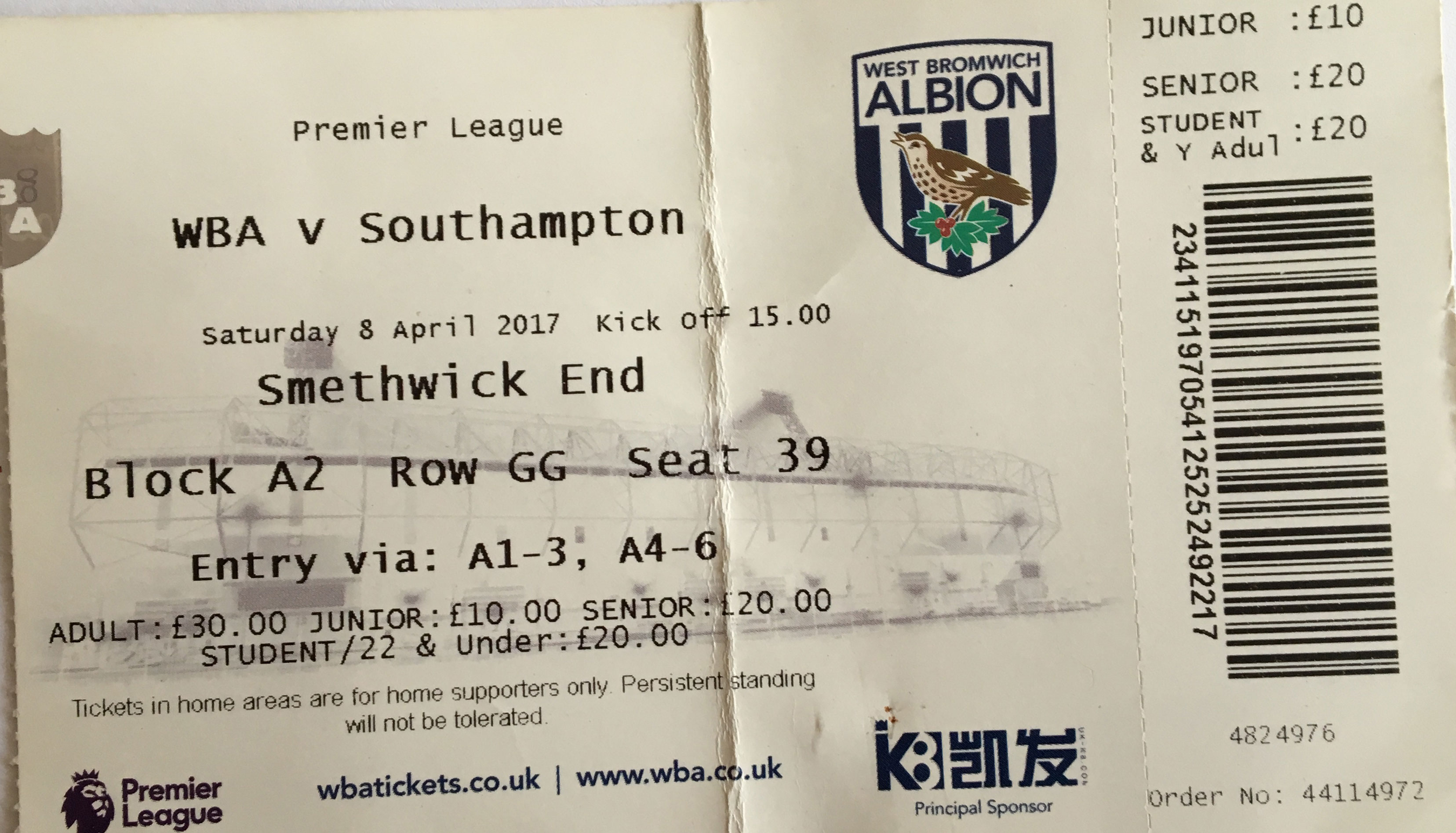 West Bromwich Albion away ticket in the Premier League on the 4/8/2017 at the The Hawthorns