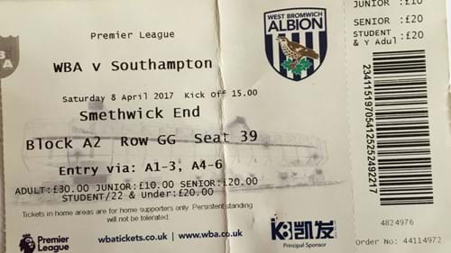 West Bromwich Albion away ticket in the Premier League on the 4/8/2017 at the The Hawthorns