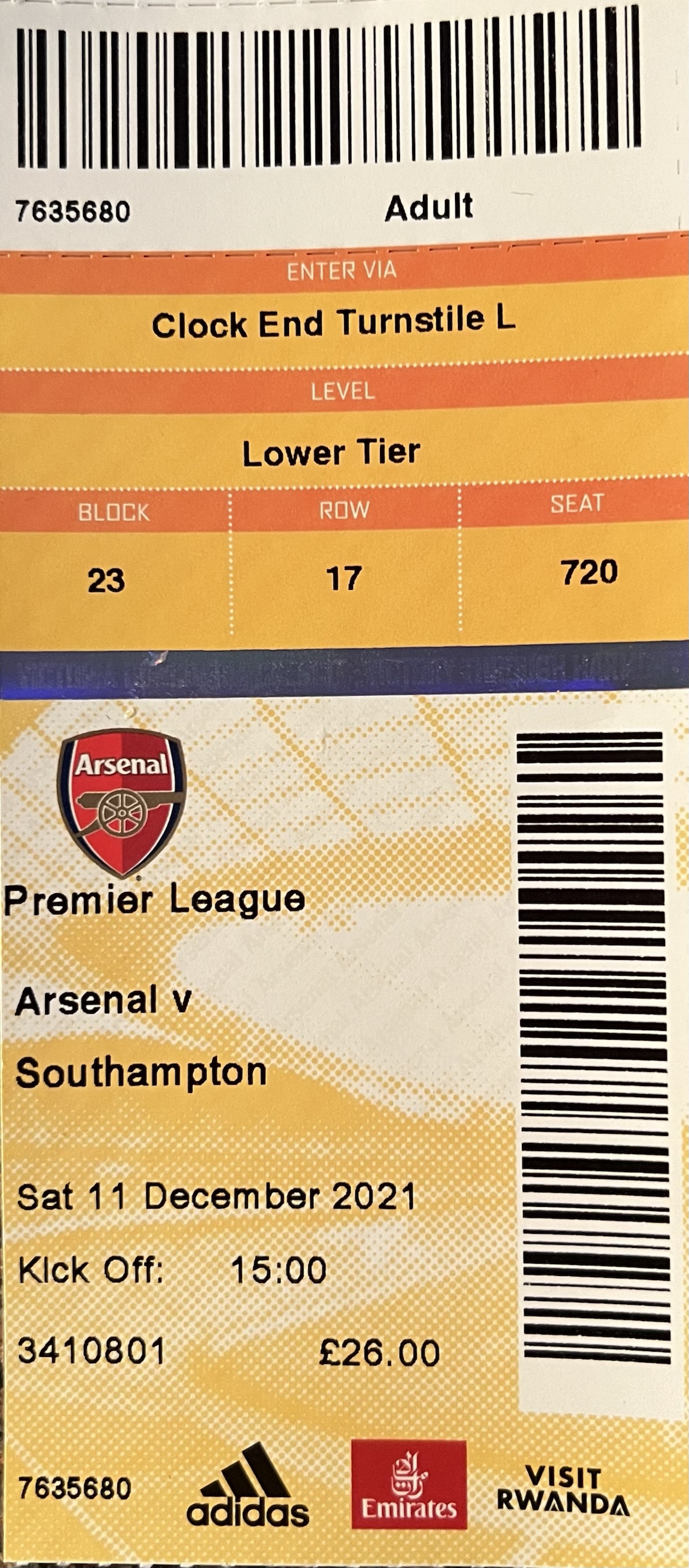 Arsenal away ticket in the Premier League on the 12/11/2021 at the The Emirates