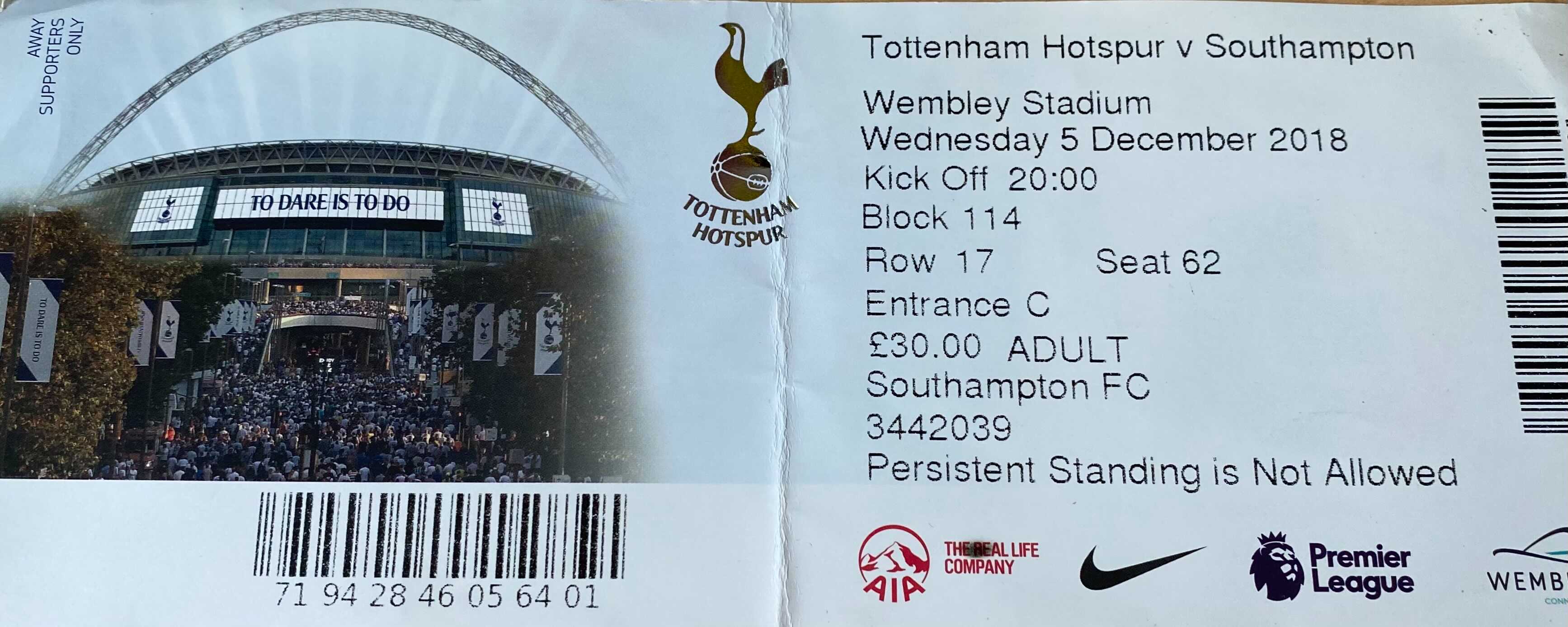  away ticket in the Premier League on the 12/5/2018 at the Wembley