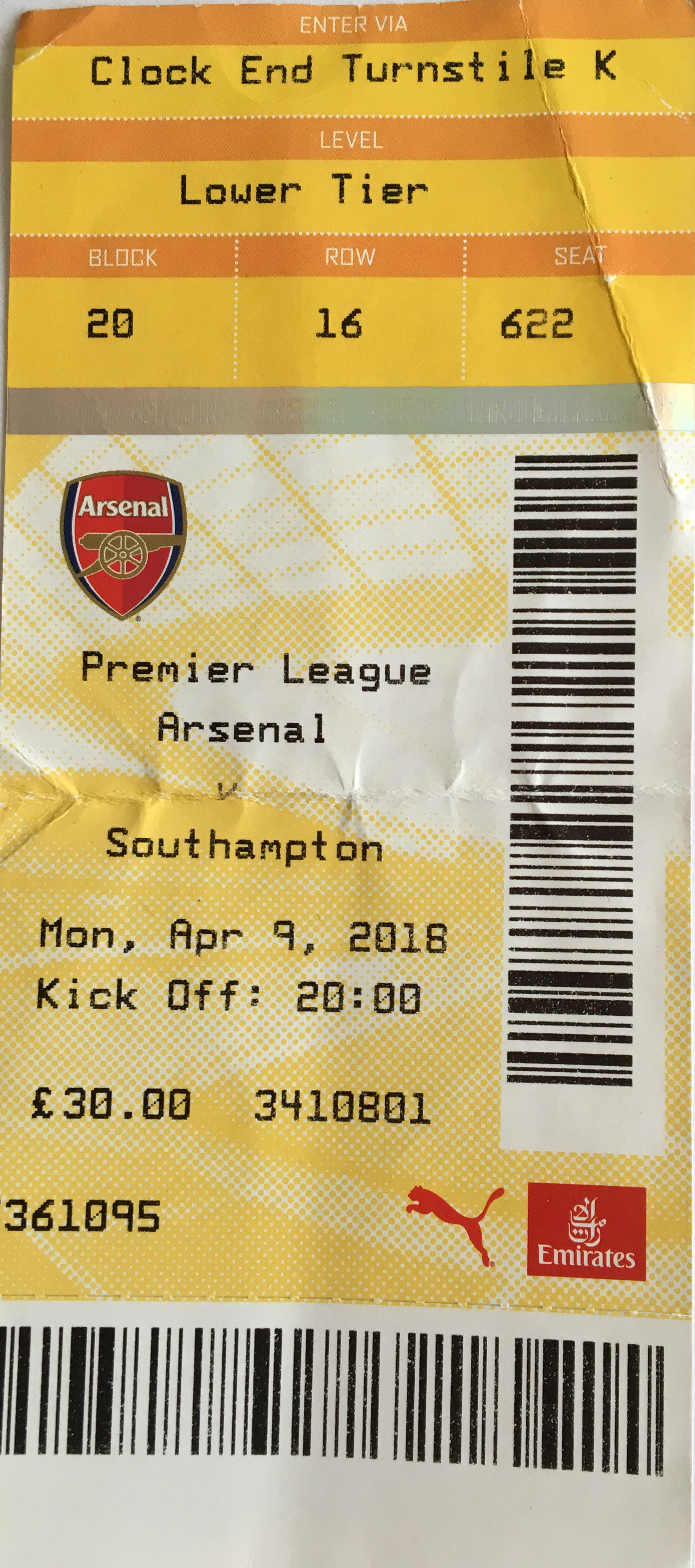 Arsenal away ticket in the Premier League on the 4/9/2018 at the The Emirates