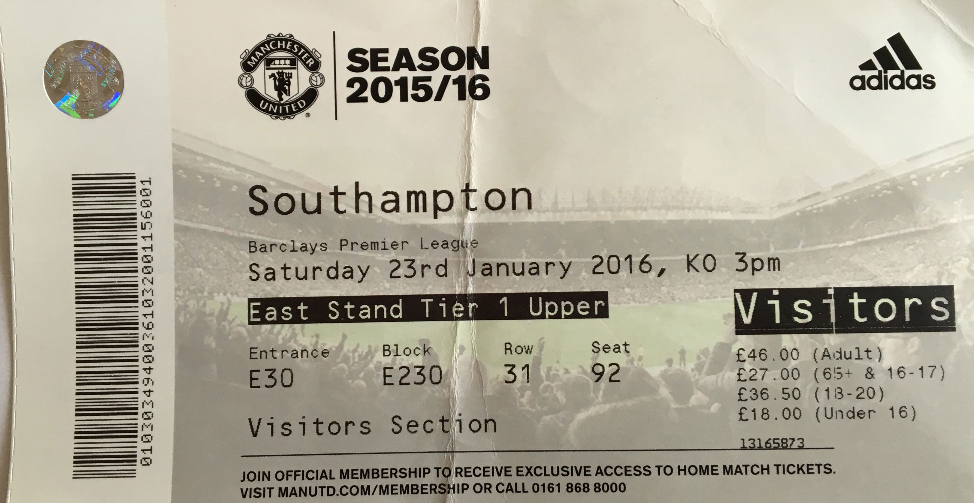 Manchester United away ticket in the Premier League on the 1/23/2016 at the Old Trafford