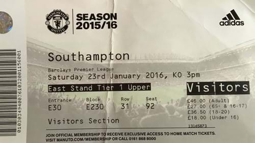Manchester United away ticket in the Premier League on the 1/23/2016 at the Old Trafford