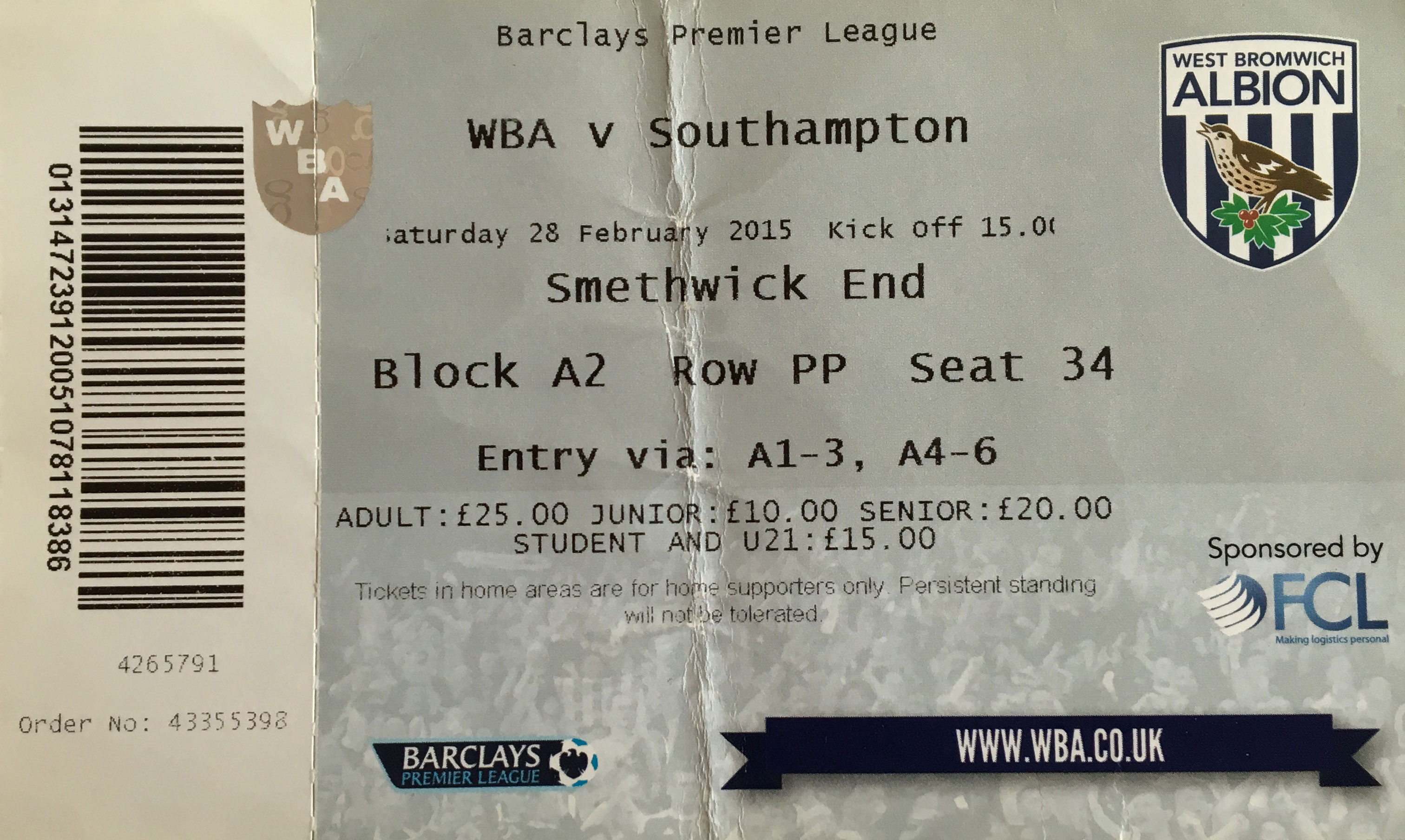 West Bromwich Albion away ticket in the Premier League on the 2/28/2015 at the The Hawthorns