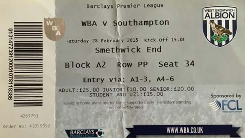 West Bromwich Albion away ticket in the Premier League on the 2/28/2015 at the The Hawthorns