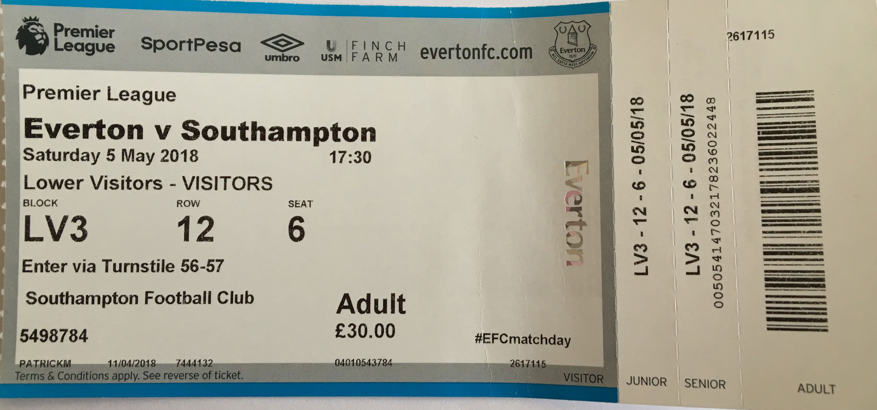 Everton away ticket in the Premier League on the 5/5/2018 at the Goodison Park