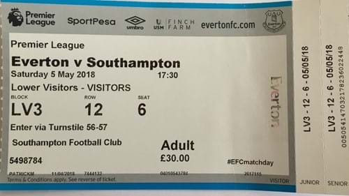 Everton away ticket in the Premier League on the 5/5/2018 at the Goodison Park