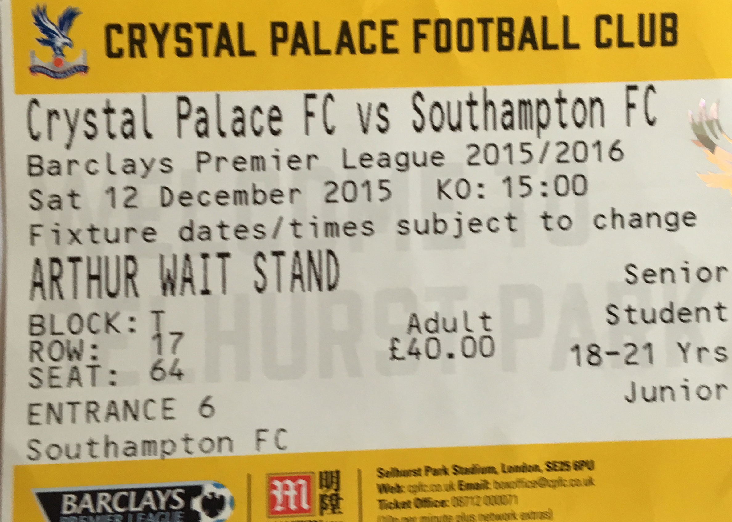 Crystal Palace away ticket in the Premier League on the 12/12/2015 at the Selhurst Park