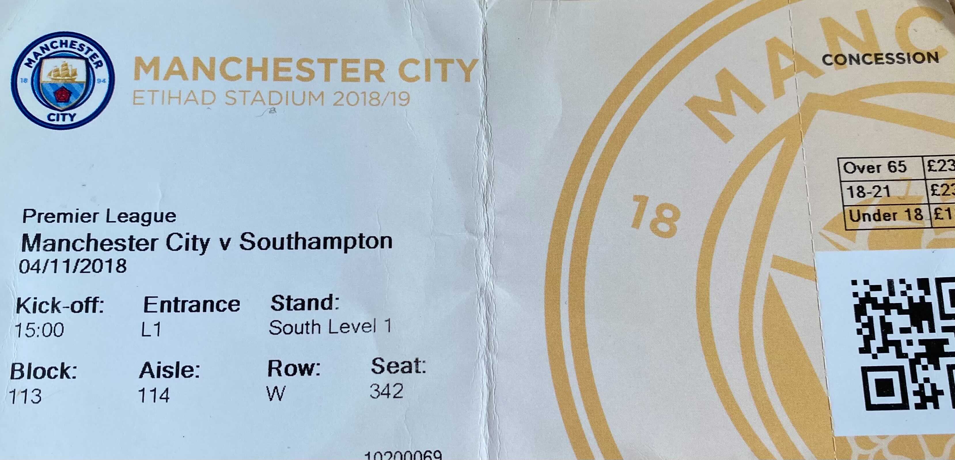 Manchester City away ticket in the Premier League on the 11/4/2018 at the The Etihad