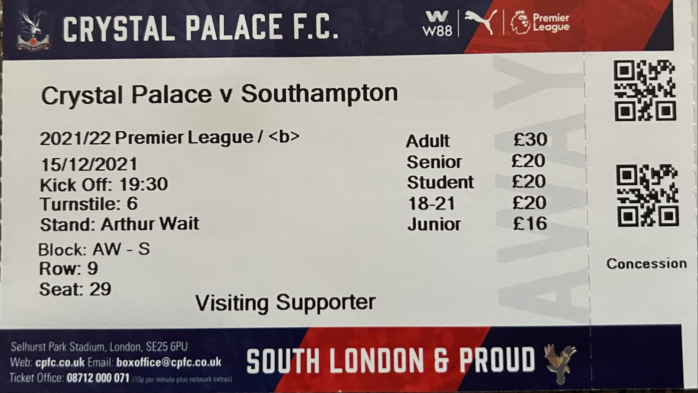 Crystal Palace away ticket in the Premier League on the 12/15/2021 at the Selhurst Park