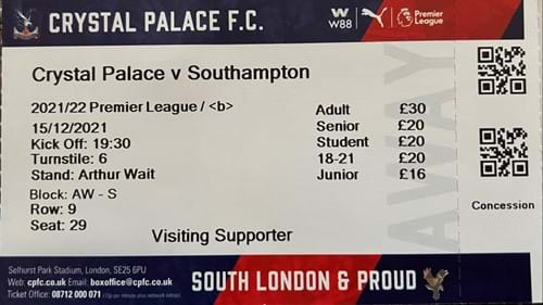 Crystal Palace away ticket in the Premier League on the 12/15/2021 at the Selhurst Park