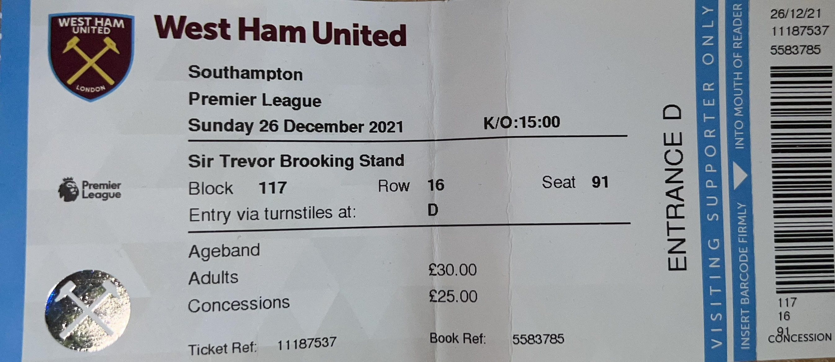 West Ham United away ticket in the Premier League on the 12/26/2021 at the London Stadium