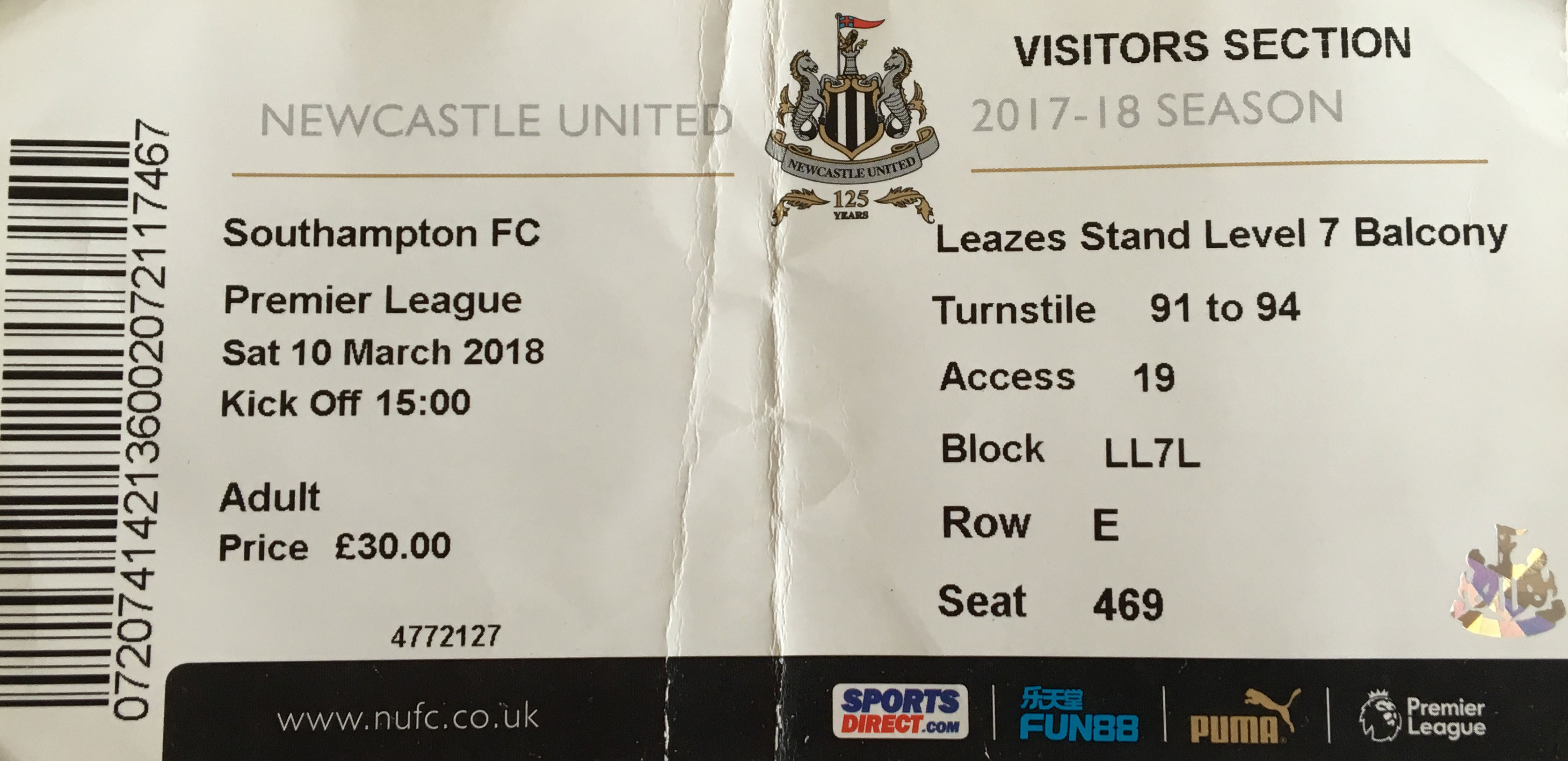 Newcastle United away ticket in the Premier League on the 3/10/2018 at the St James Park
