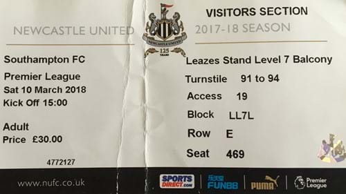 Newcastle United away ticket in the Premier League on the 3/10/2018 at the St James Park