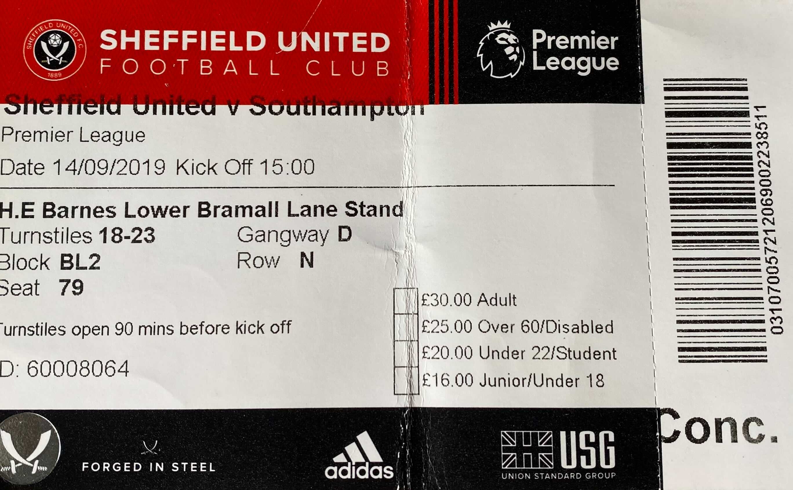 Sheffield United away ticket in the Premier League on the 9/14/2019 at the Bramall Lane