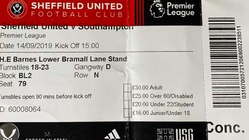 Sheffield United away ticket in the Premier League on the 9/14/2019 at the Bramall Lane