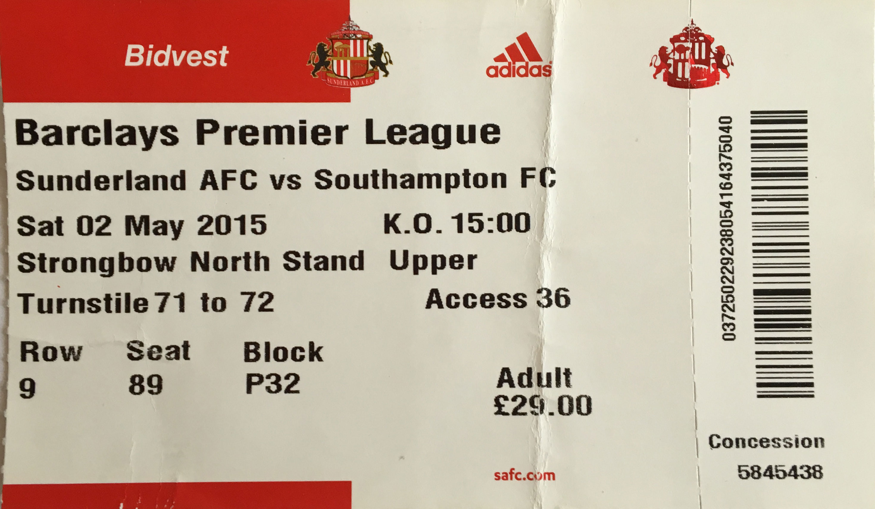 Sunderland AFC away ticket in the Premier League on the 5/2/2015 at the Stadium of Light