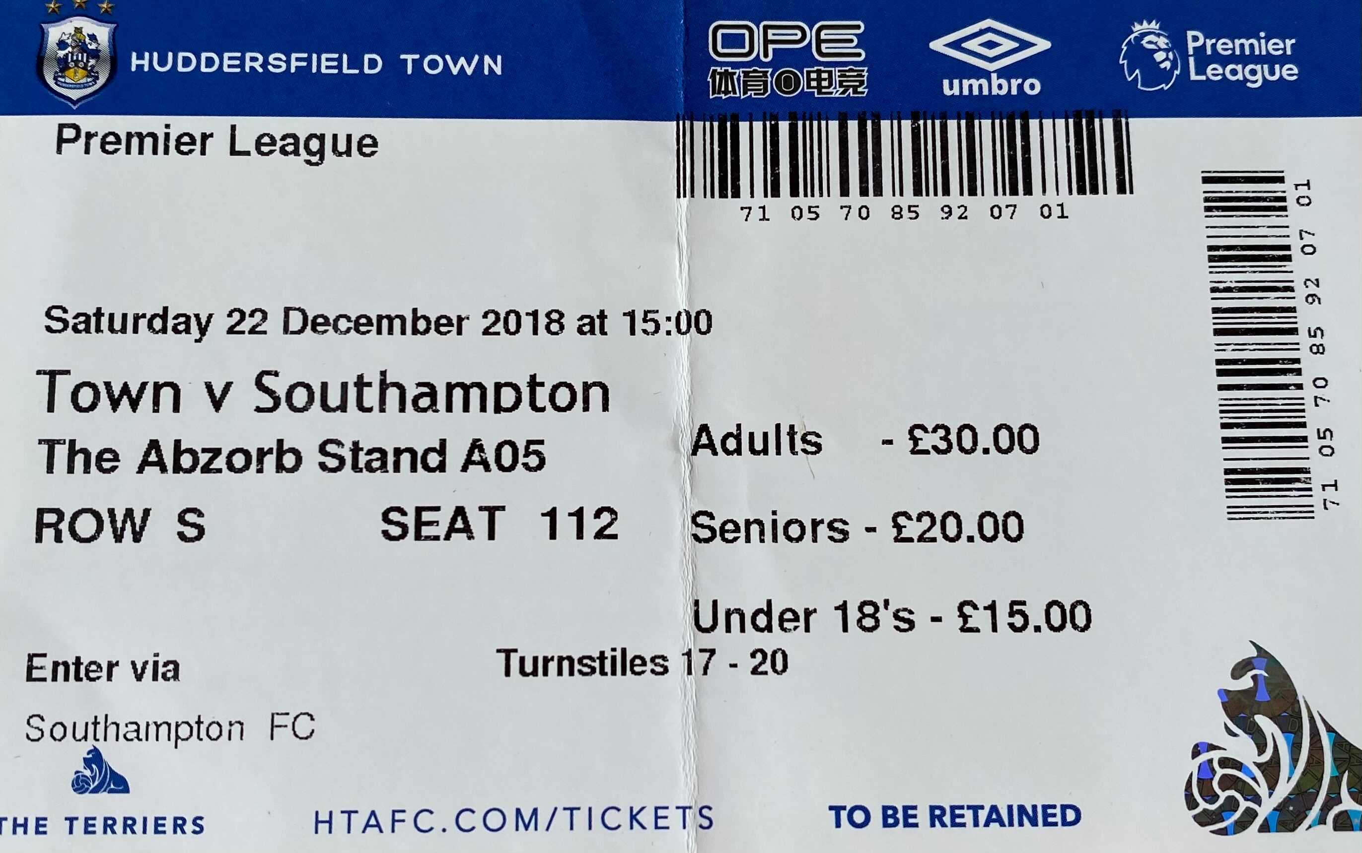 Huddersfield Town away ticket in the Premier League on the 12/22/2018 at the Kirklees Stadium