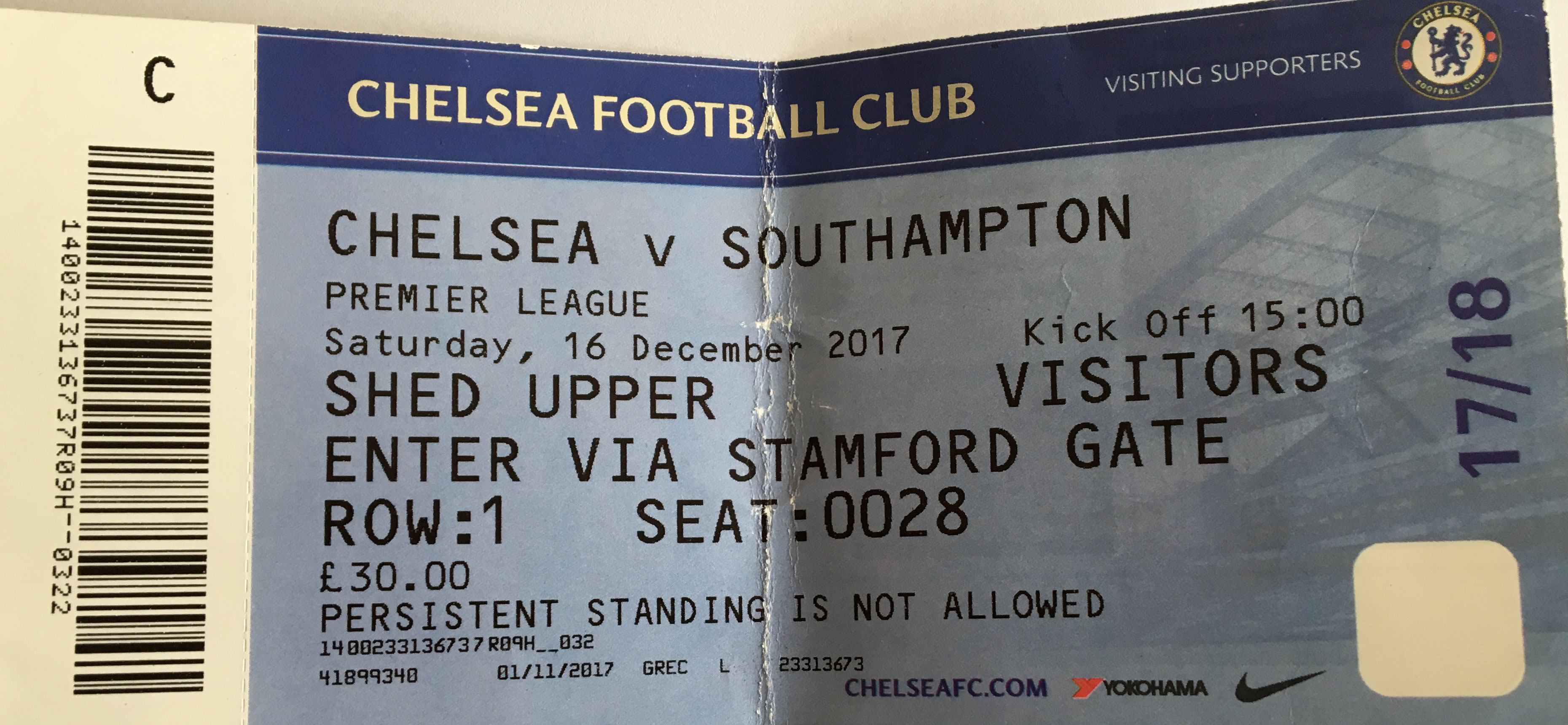 Chelsea away ticket in the Premier League on the 12/16/2017 at the Stamford Bridge