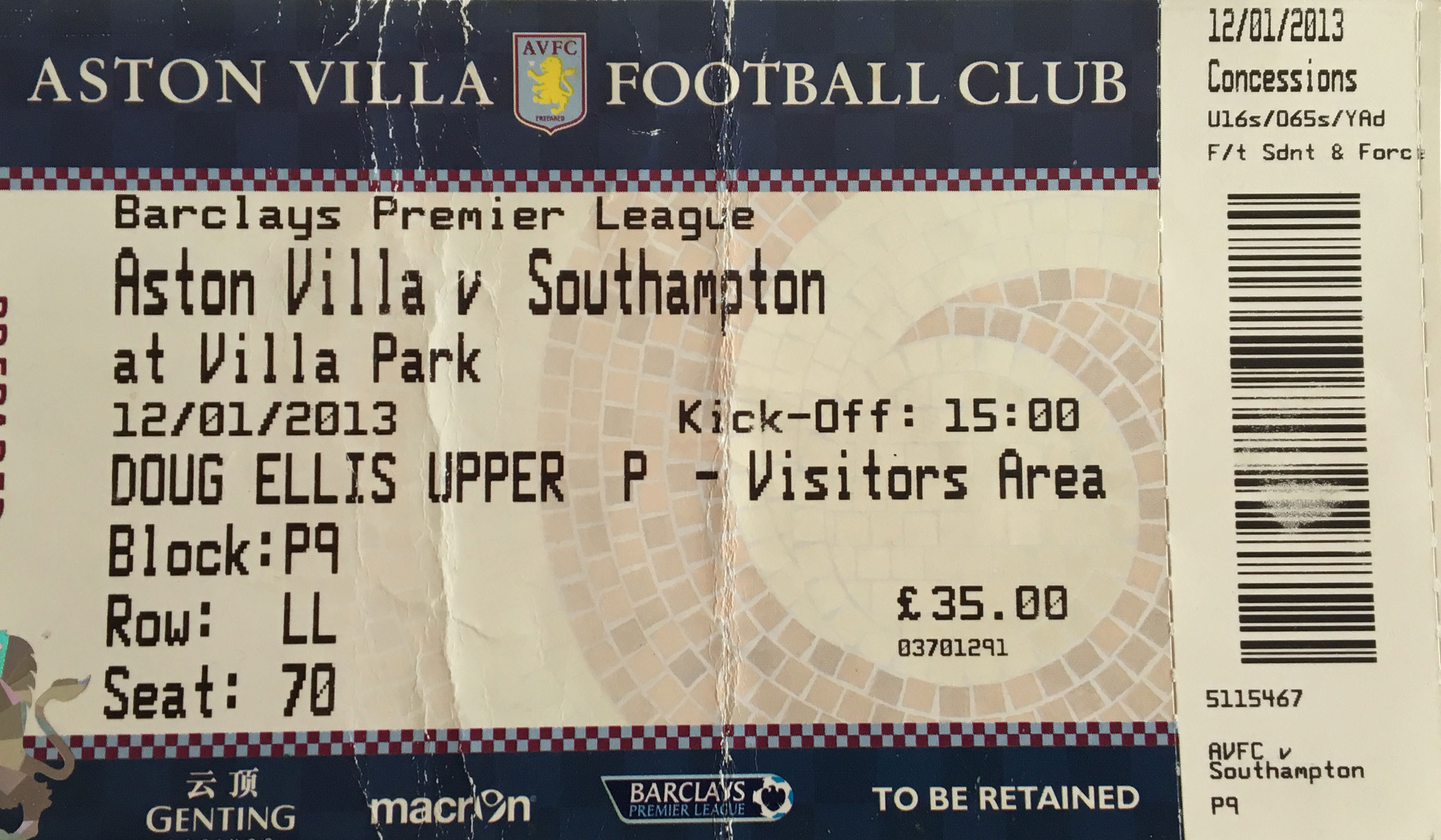 Aston Villa away ticket in the Premier League on the 1/12/2013 at the Villa Park